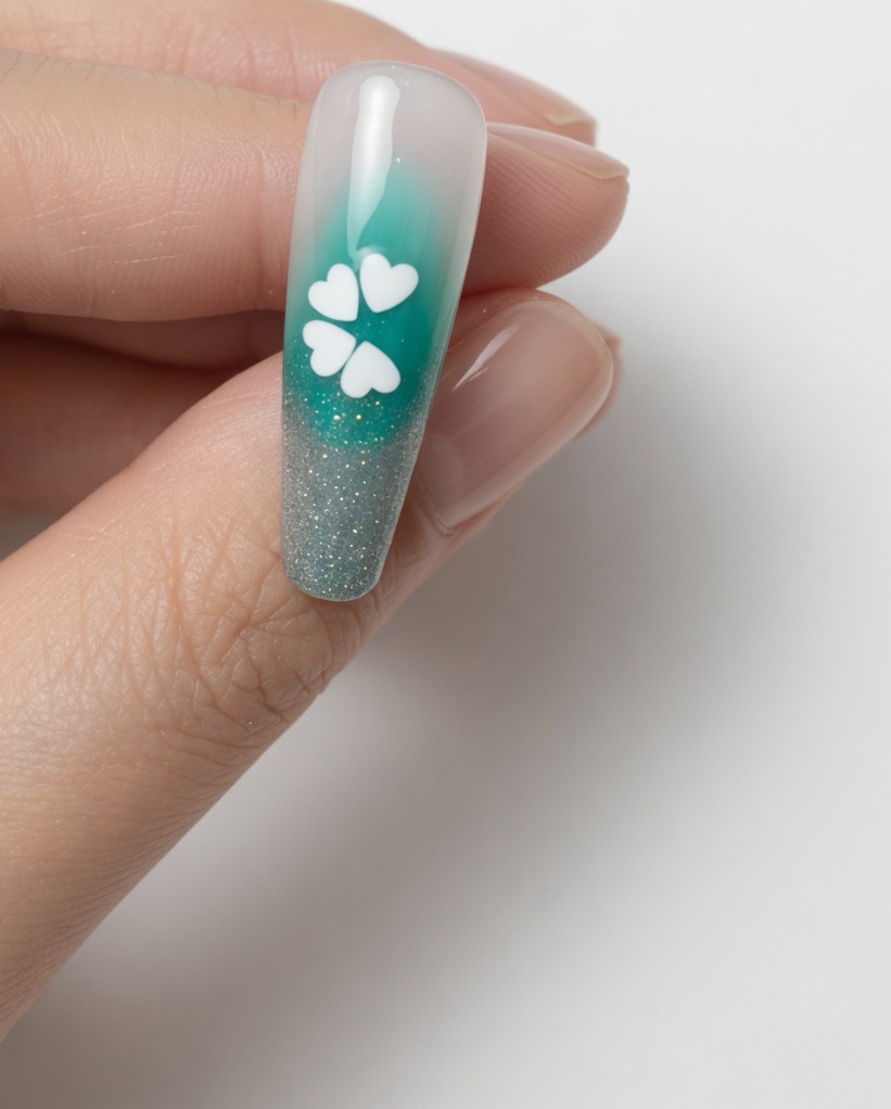 A close-up of a nail showing the complete sequin flower design, ready to be placed under a lamp for curing.