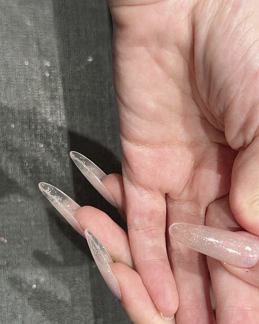 A brush applying a final, glossy layer of top coat over a finished nail design featuring stars and gems.