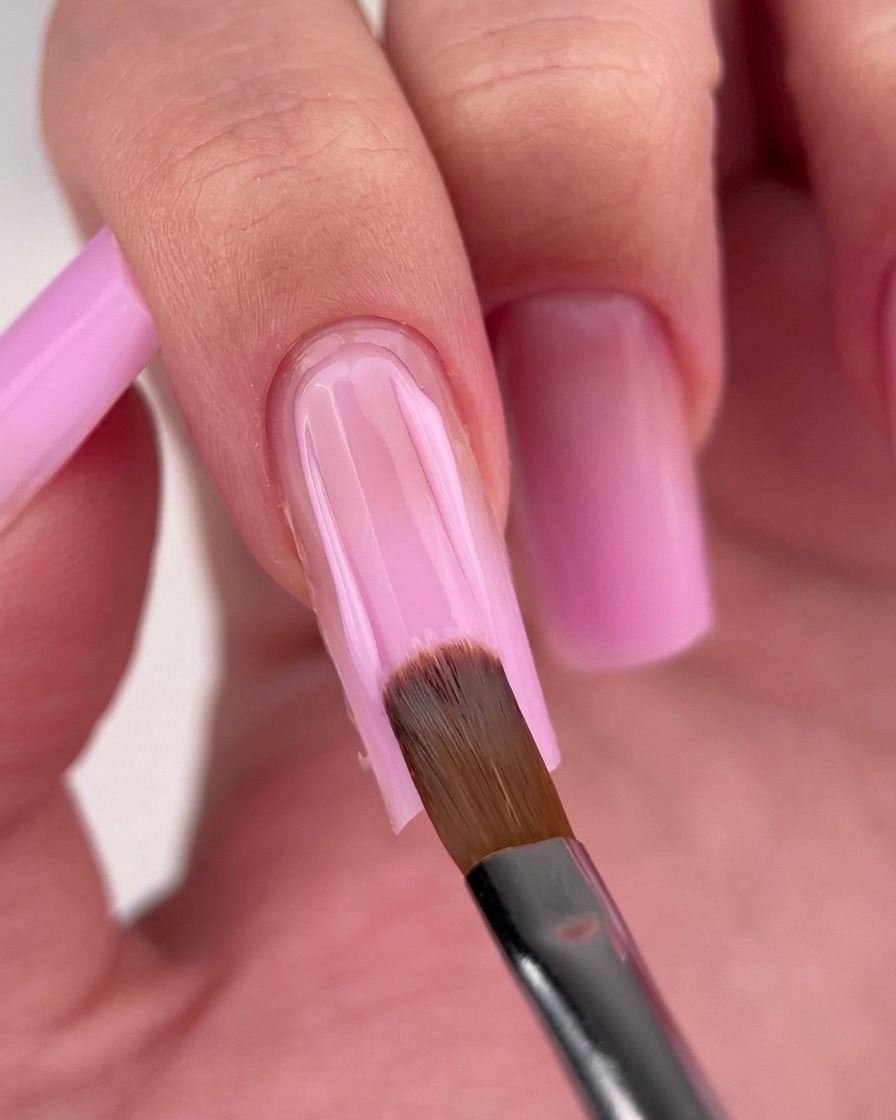 A nail brush applying pink gel polish to the lower half of a fingernail.