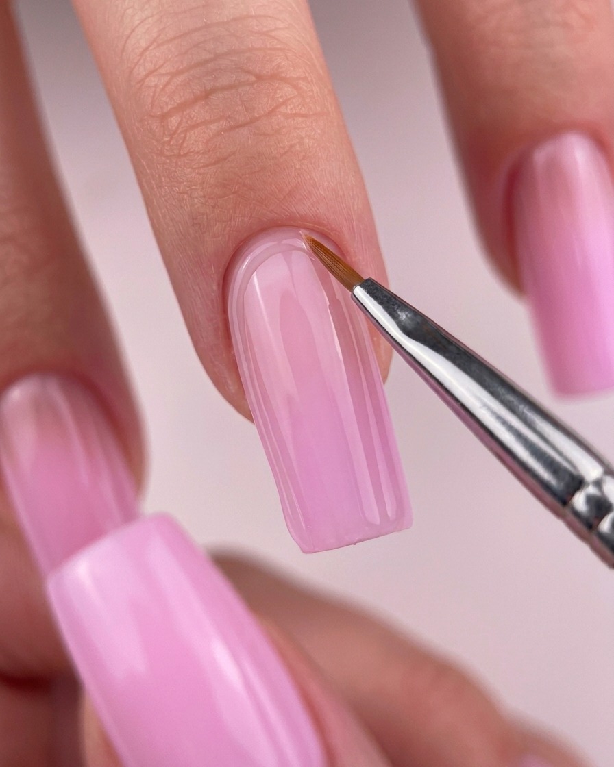 A close-up of a fine detail brush applying clear glossy top coat along the cuticle line of a pink square gel nail.