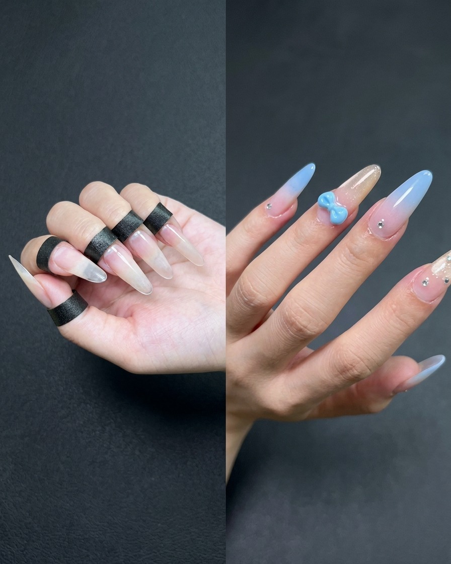 A flat gel brush applying a sheer nude gel to the nail surface of an index finger.