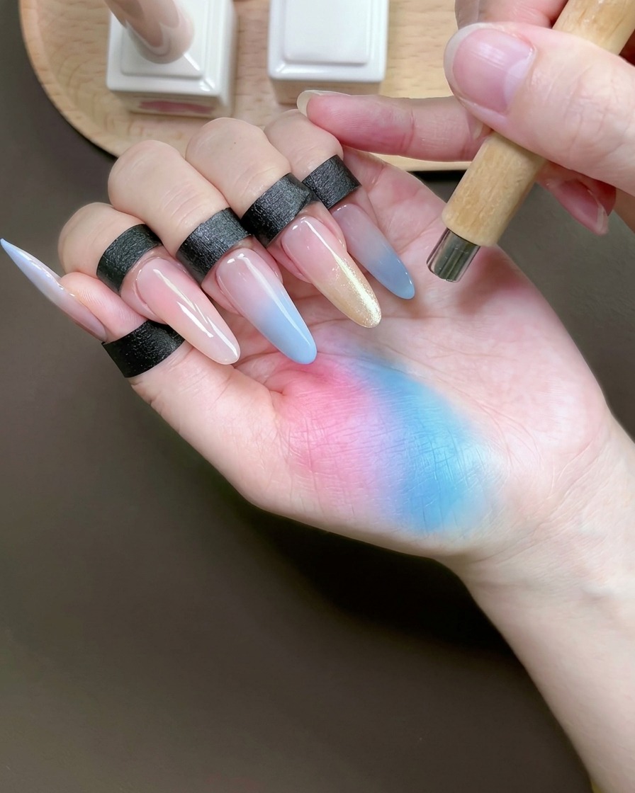 A cylindrical magnet held at a diagonal angle above the ring finger nail to create a defined cat-eye shimmer line.