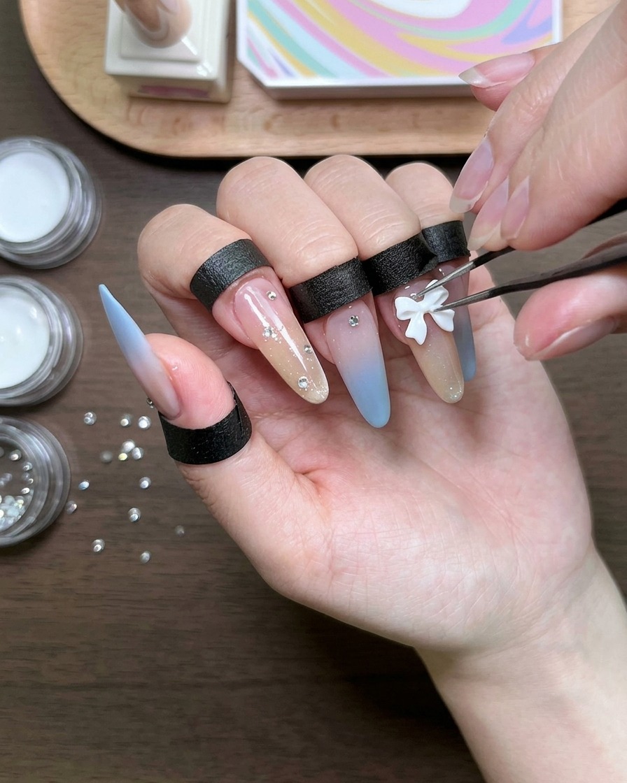 Tweezers carefully positioning a 3D white bow charm onto the ring finger nail.