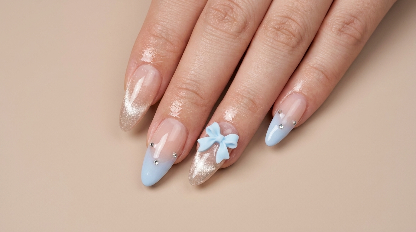 Blue Gradient Cat-Eye Nails with 3D Bows — Step-by-Step Tutorial