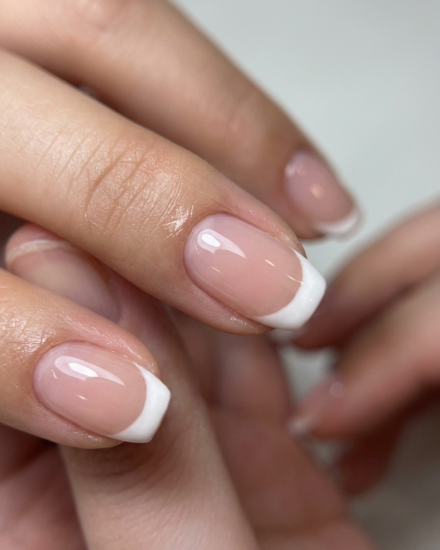 A close-up of a metal pusher tool gently lifting the cuticle area on a natural fingernail.
