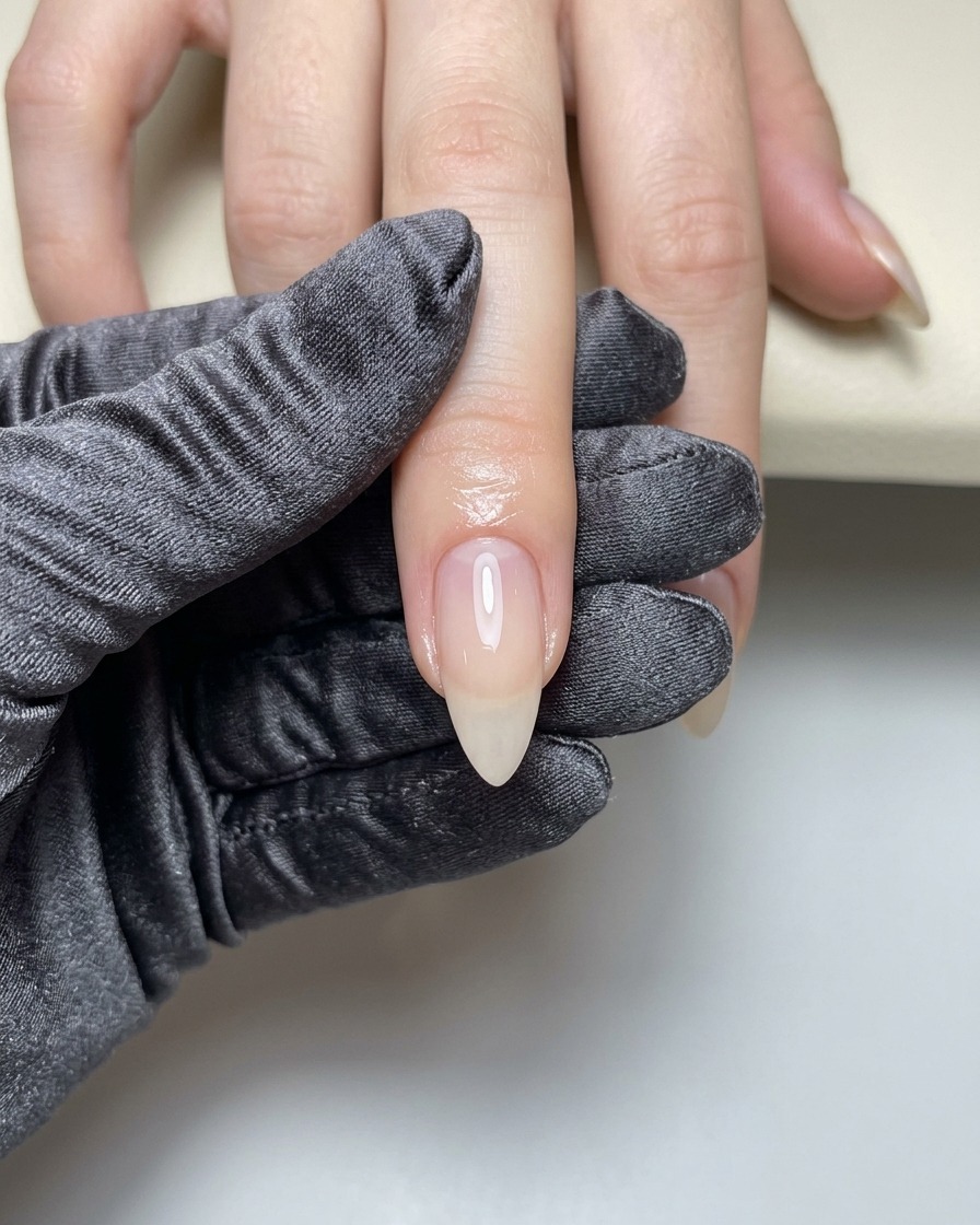 A brush applying clear builder gel over the center of the natural nail plate.