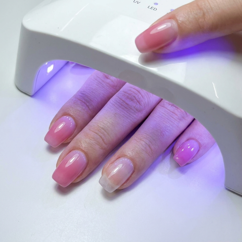 A hand with gel-coated nails placed inside a white UV/LED nail lamp, with blue light illuminating the fingers.