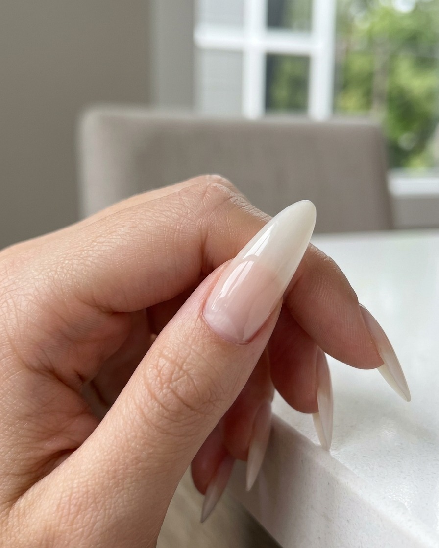 A metal cuticle pusher being used to tidy up the cuticle area of a fingernail.