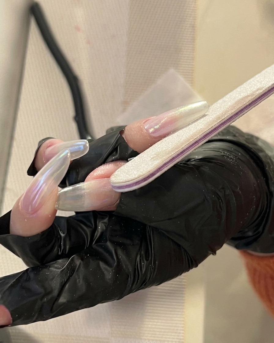 A detail shot of a gel brush applying clear building gel to the center of a long, almond-shaped nail, focusing on creating a smooth structure.