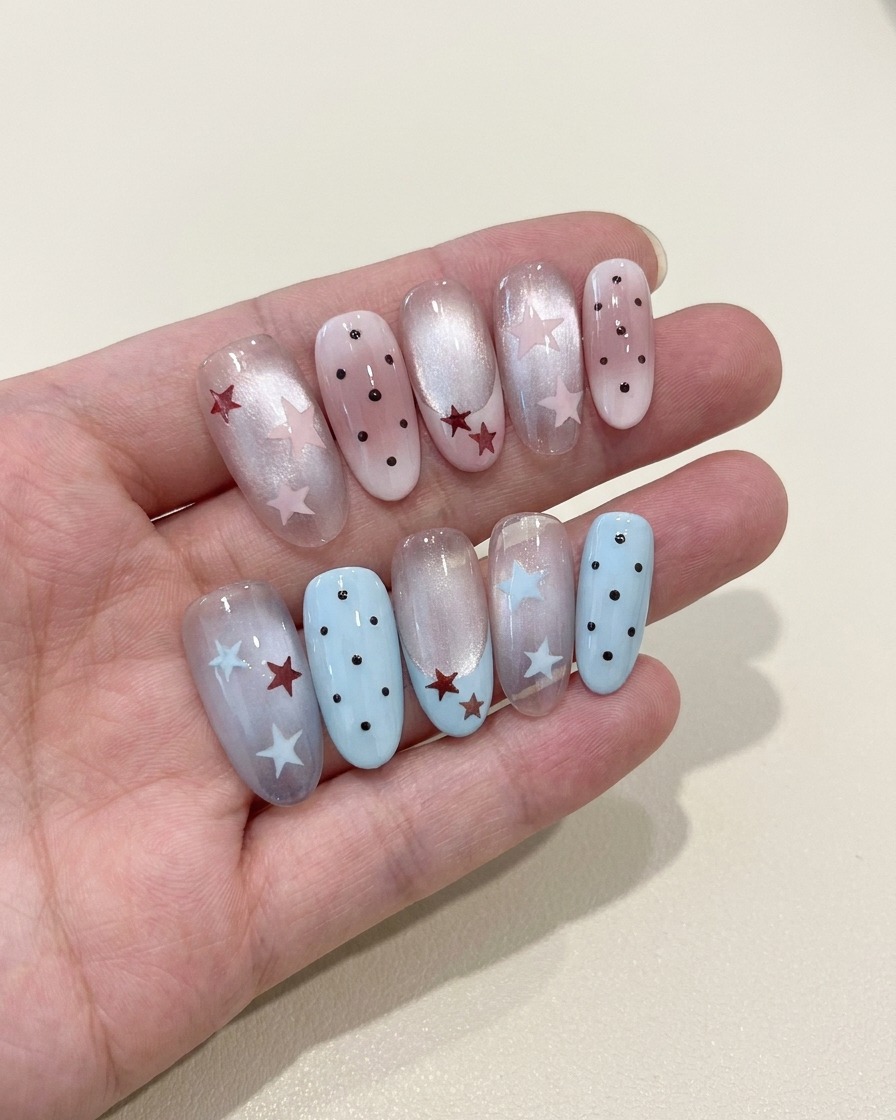 A close-up of a nail being coated with a sheer, milky-toned gel polish.