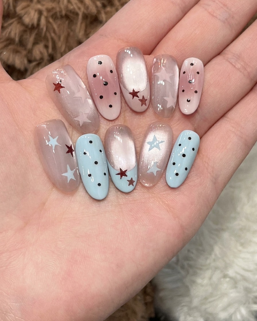 A nail brush applying a clear, glossy top coat over nails decorated with stars and a cat-eye gradient.