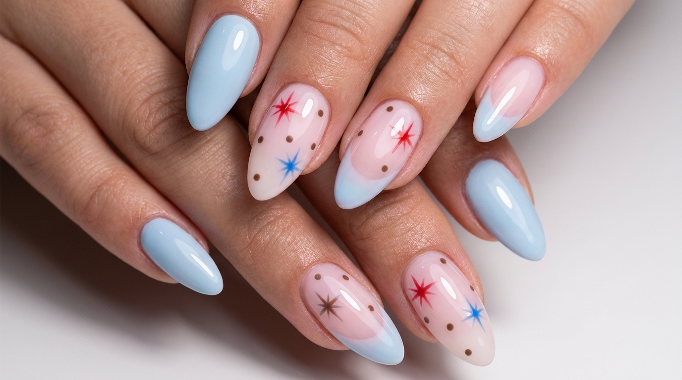 Mixed blue and pink manicure featuring delicate star motifs, polka dots, and soft gradient French tips.