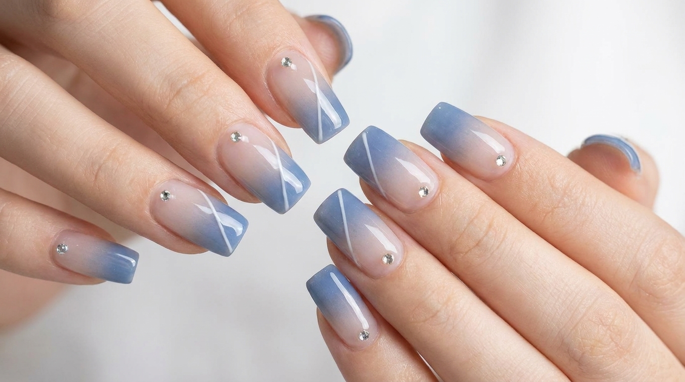 Blue Gradient Gel Nails with Rhinestone Art — Step-by-Step Tutorial