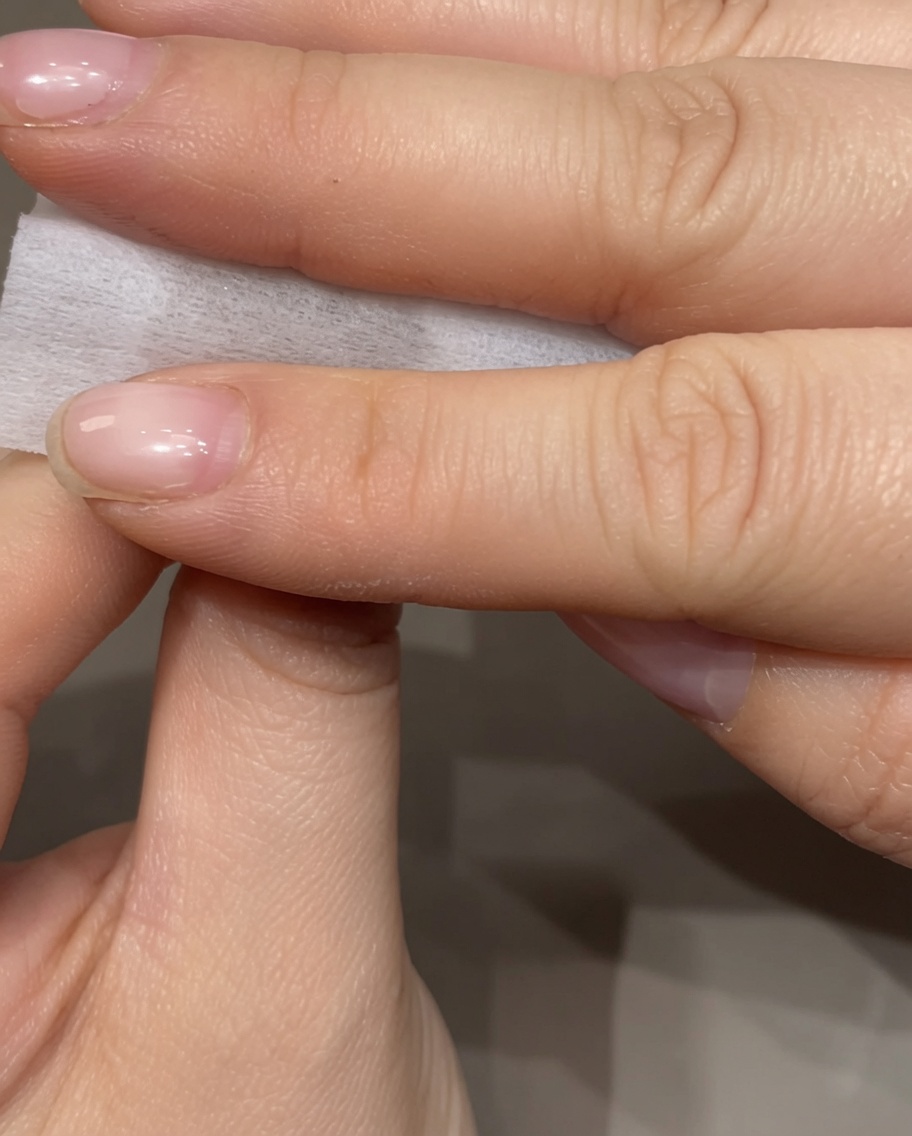 Fingers holding a white lint-free wipe, gently rubbing the surface of a manicured natural nail to remove the sticky gel residue.