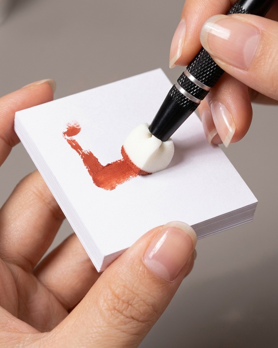 The flat side of a makeup sponge picking up gel polish from a palette.