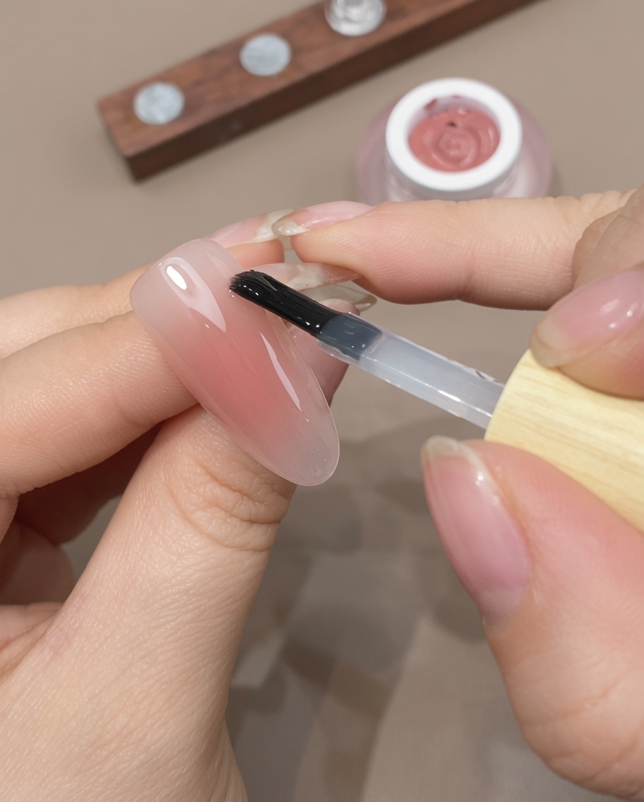 A brush applying a final layer of clear top coat to a finished ombre nail.