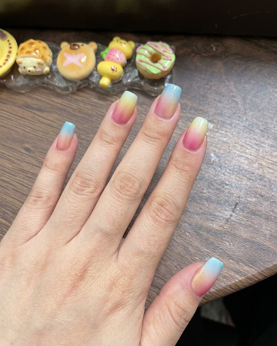 A finger placed inside a UV nail lamp to cure the freshly blended gradient gel design.