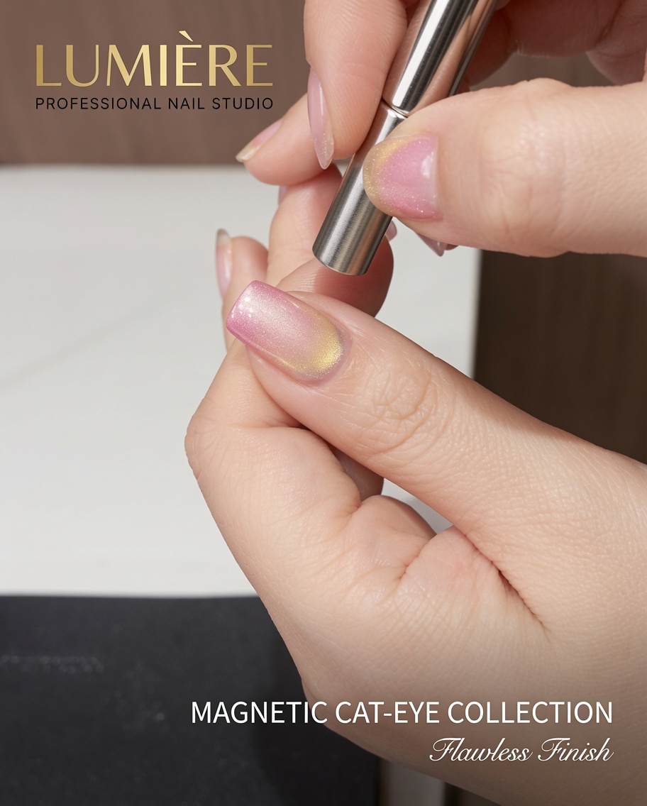 A close-up of a magnetic nail tool being positioned along the side of a pink-and-yellow gradient nail to form a cat-eye highlight.
