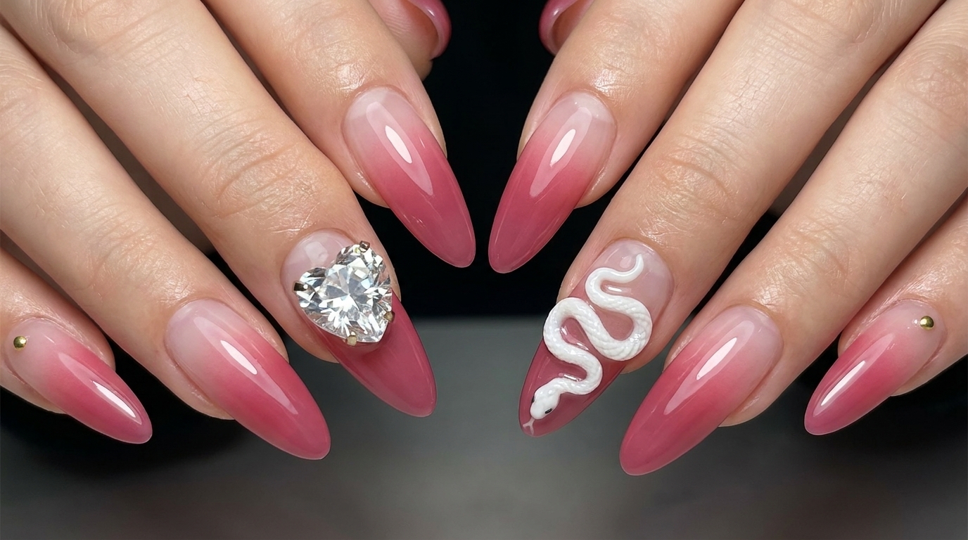 Rose Pink Ombre Nails with 3D Sculpted Snake & Crystal Art