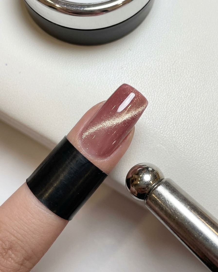 A close-up of a finger with wet dusty rose cat-eye polish, showing a cylindrical metal magnet held near the side of the nail to create a wide gold shimmer effect.cite: 1