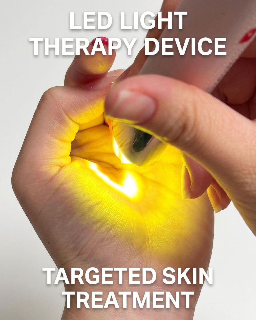 A hand positioned under an LED lamp to cure the final sheer nude blending layer.
