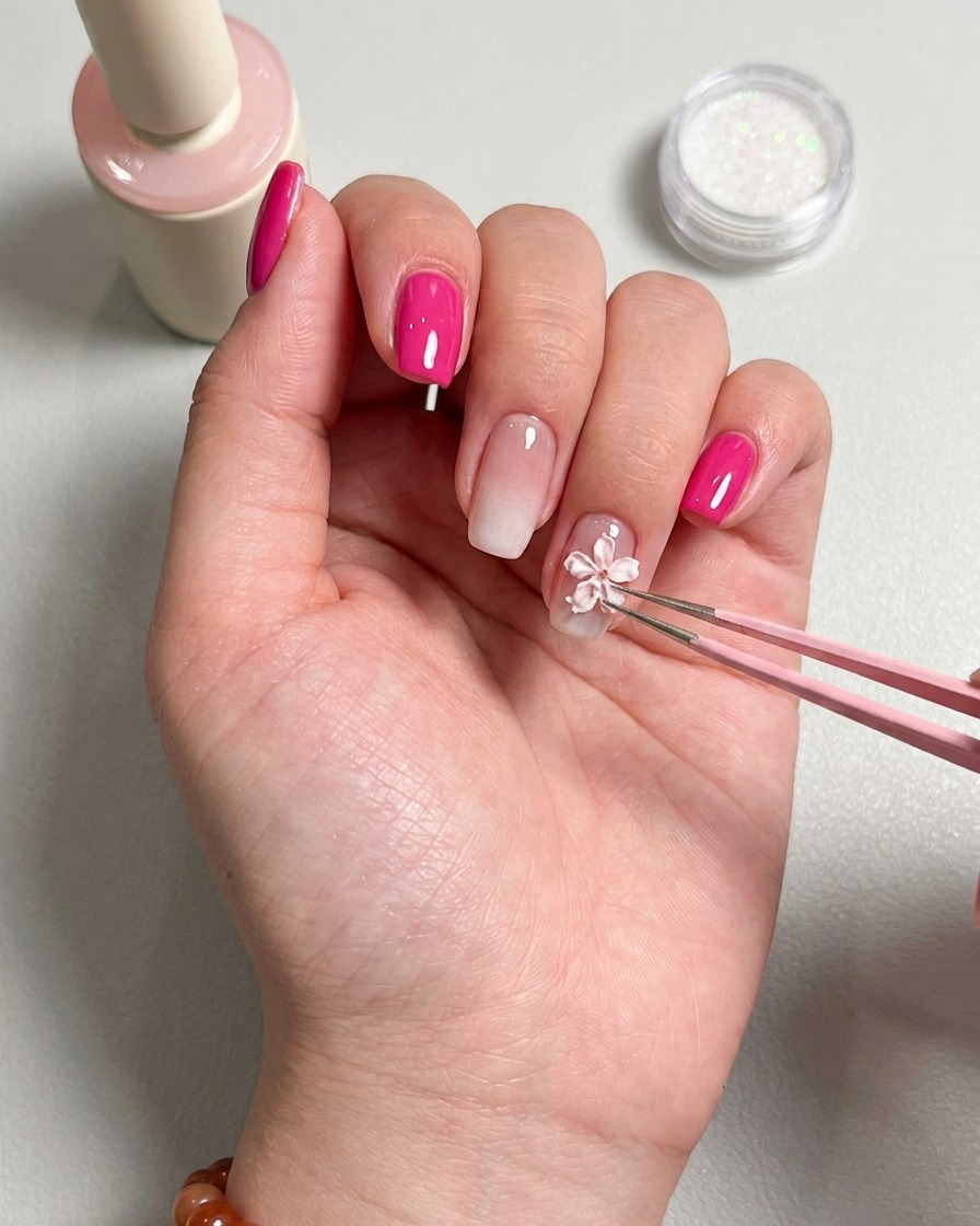 Tweezers gently placing a white 3D flower charm onto a manicured ring finger nail.
