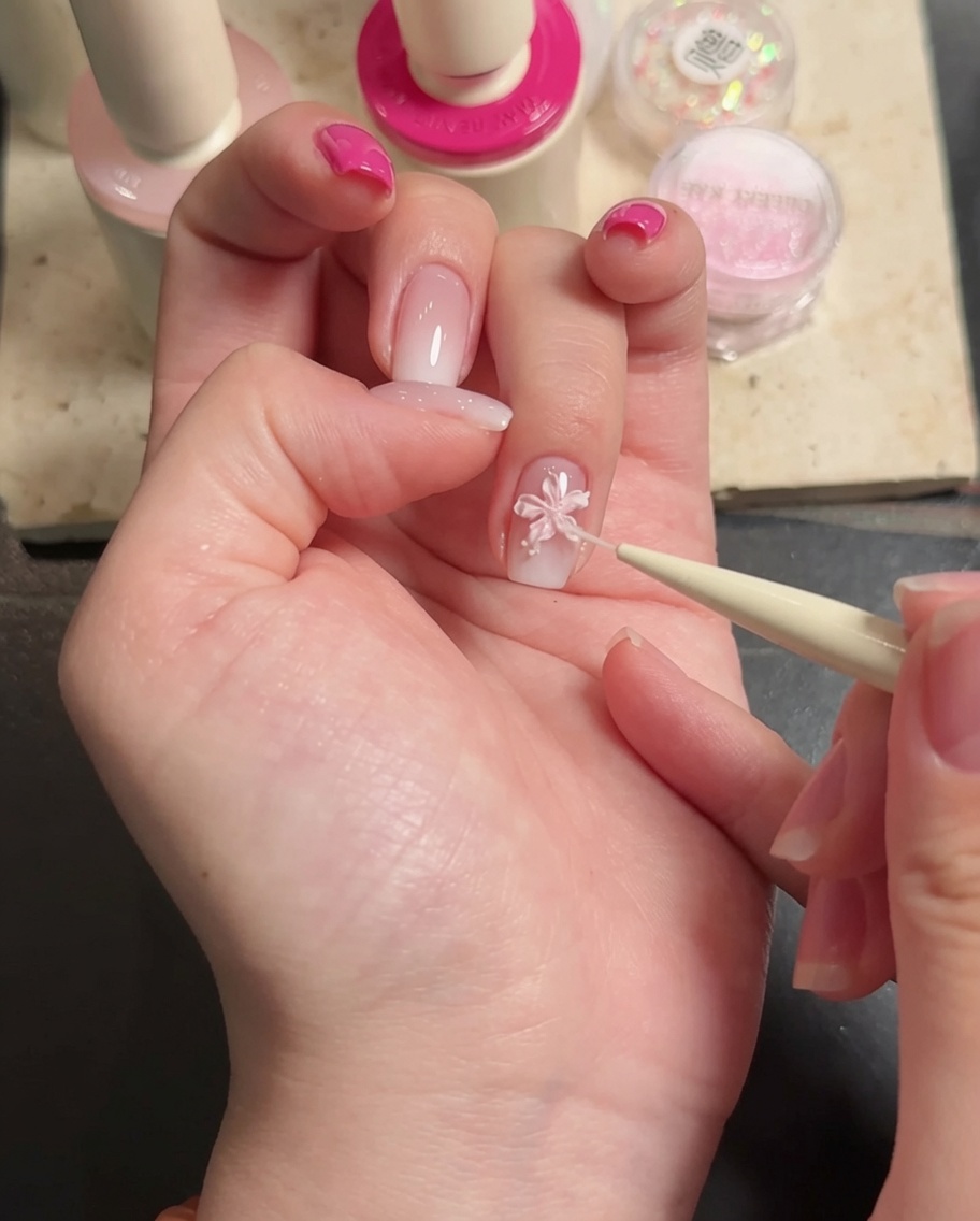 Close-up of tweezers placing a small decorative rhinestone into the center of a white 3D flower on a manicured fingernail.