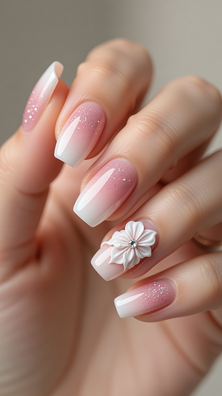 Pink and White Gradient Nails with 3D Flower Nail Art Tutorial