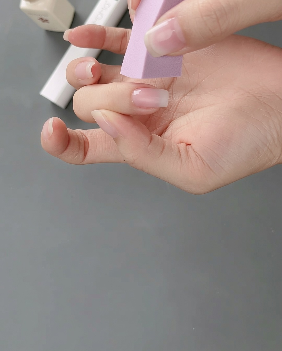 A close-up of a hand resting under a professional UV/LED nail lamp with the nail visible during the curing process.