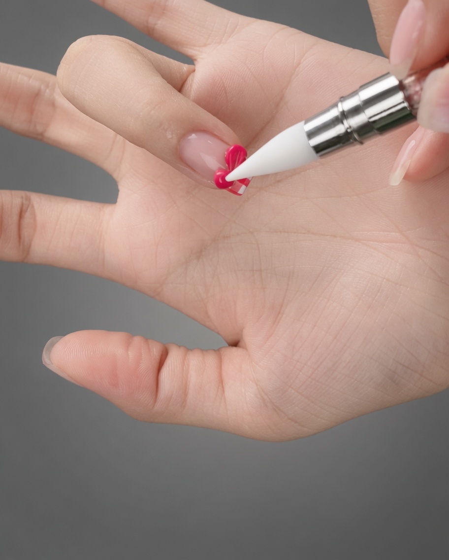 A silicone brush pressing into a bead of pink gel to sculpt the loops of a 3D bow on a manicured nail.