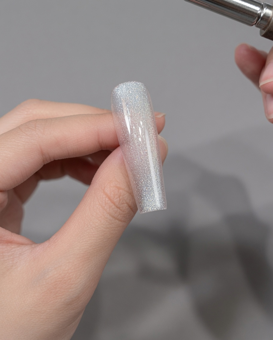 A magnet being held over a nail tip to manipulate the cat eye gel particles into a bright highlight.