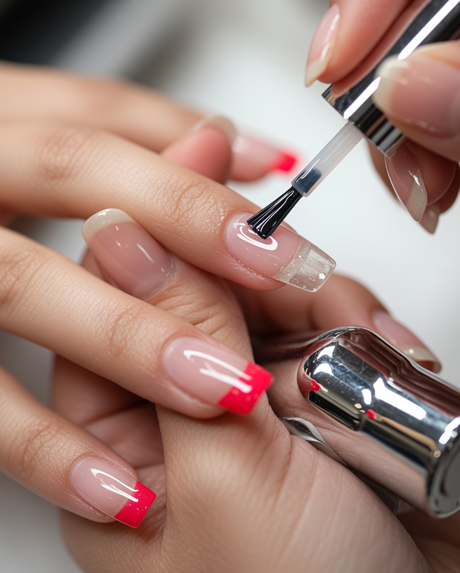 A brush applying a clear gel base coat to the surface of a natural nail.