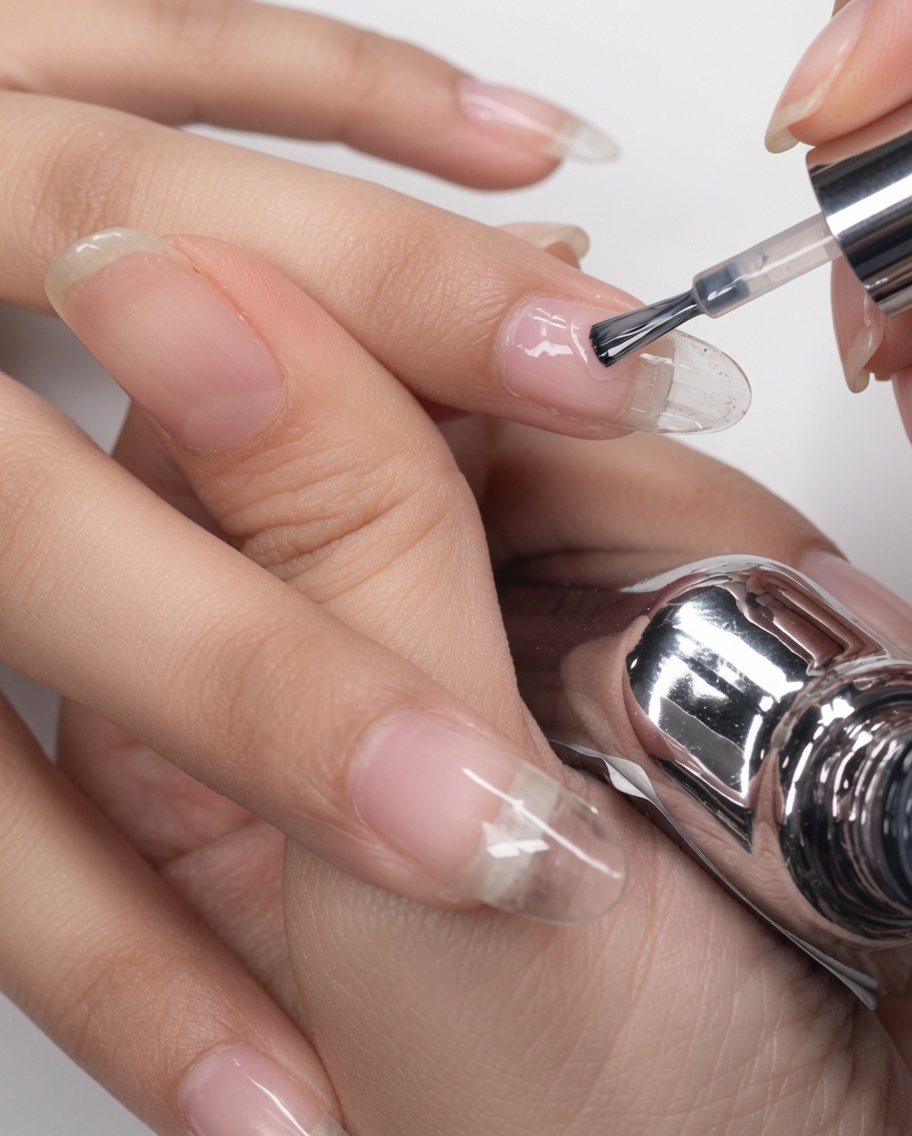 A hand inside an LED nail lamp with light activated for the curing process.