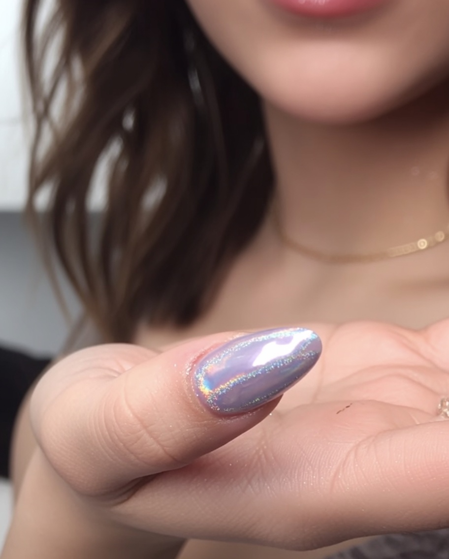 A close-up of a soft, fluffy brush sweeping excess metallic powder off a polished, chrome-effect nail.