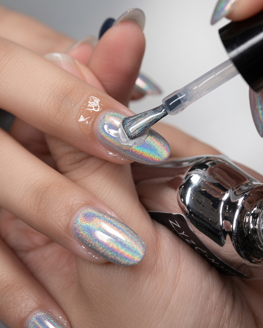 A brush applying a clear, glossy top coat over a metallic chrome nail, creating a high-shine finish.