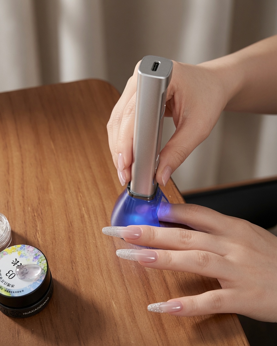 A nail brush applying a clear, glossy top coat over a completed cat eye nail design.