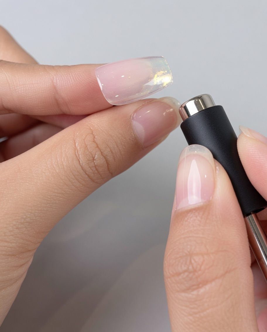A magnetic tool held near a gel-painted nail, showing the shift of magnetic particles.