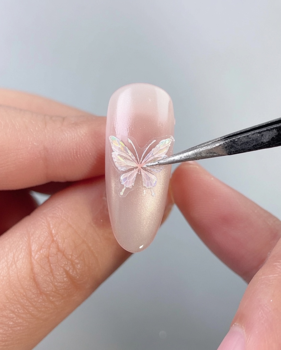 Precision tweezers carefully placing an iridescent, holographic butterfly sticker onto the center of a manicured almond-shaped nail.