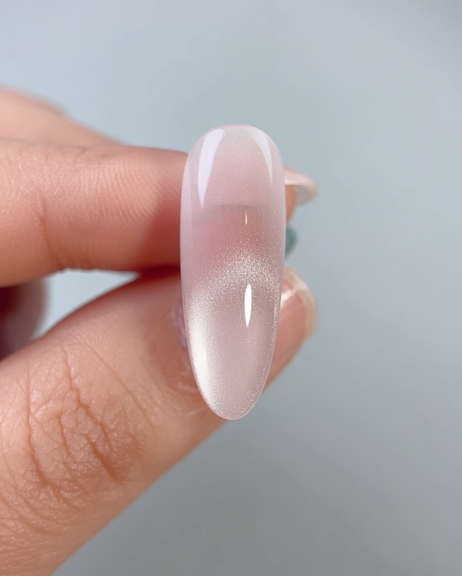 A fine-tipped brush drawing two curved lines of clear glue diagonally across a polished pink nail.