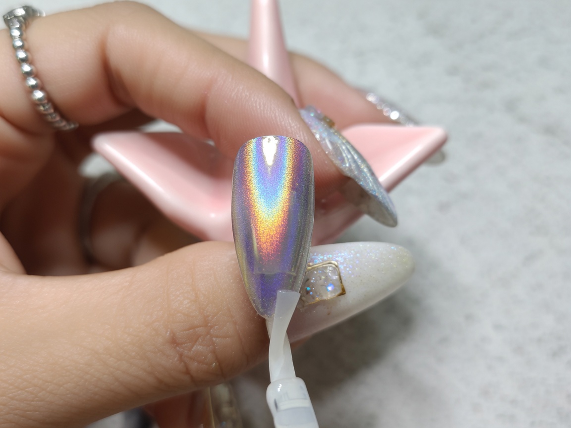 A brush applying a matte top coat over the chrome-finished nail surface.