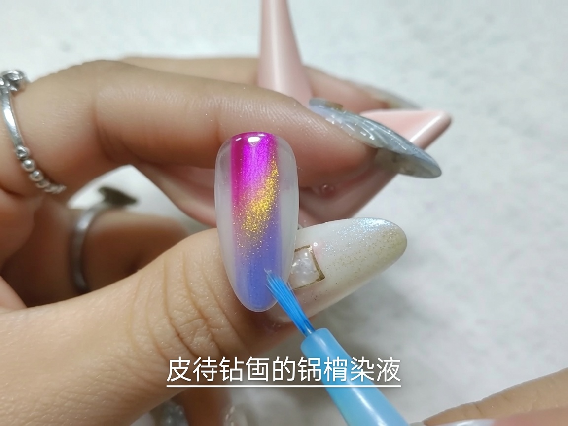 A brush adding a vibrant blue stripe of watercolor ink adjacent to the existing red stripe on the nail surface.