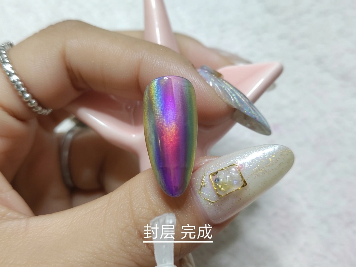 A hand resting inside a UV nail lamp, with the fingers clearly visible under the purple glow during the final curing process.