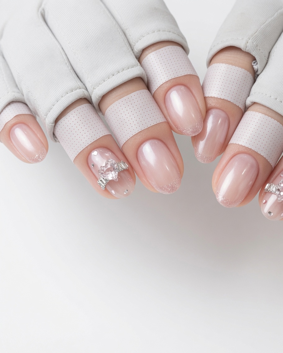 A close-up of a natural nail being coated with a clear, glossy gel base layer using a brush.