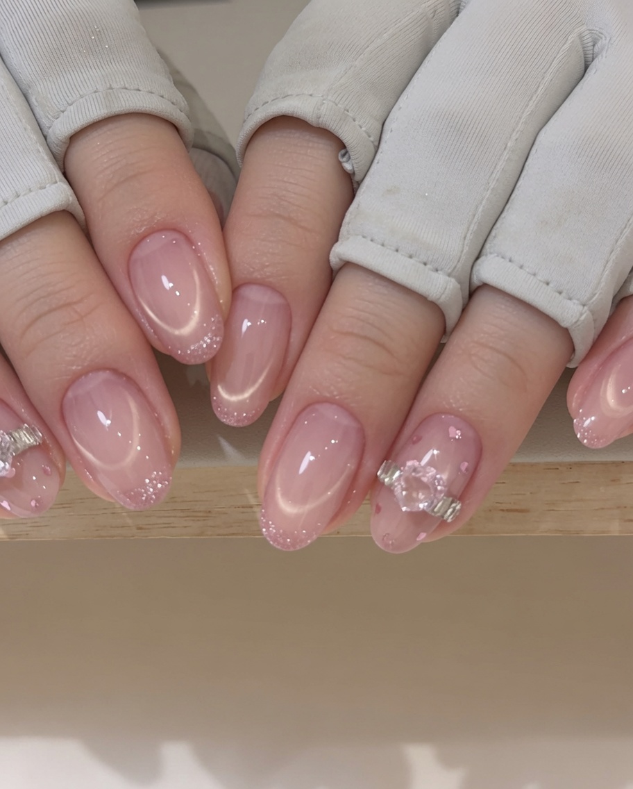 A magnet being held over a wet gel-painted nail to create a sharp shimmer line.