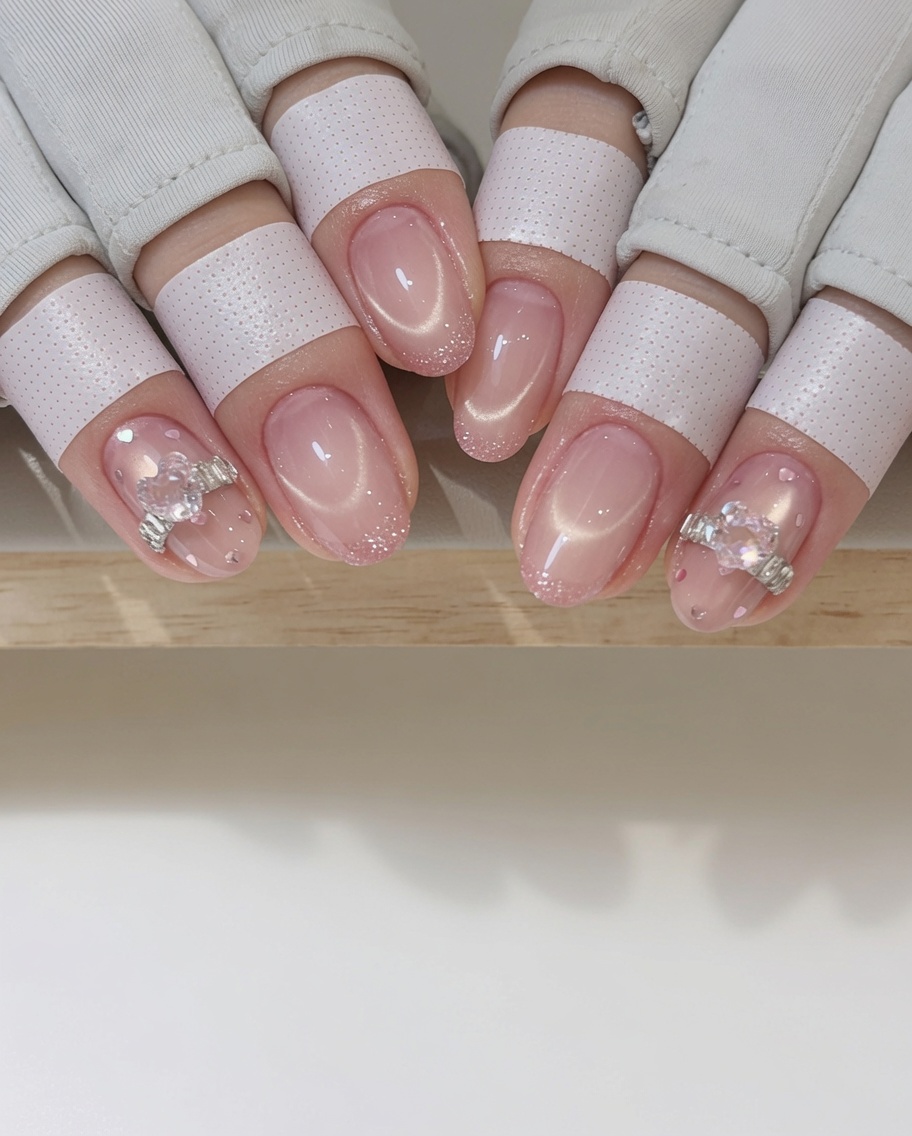 A close-up showing a small drop of clear adhesive gel being placed on a fingernail.