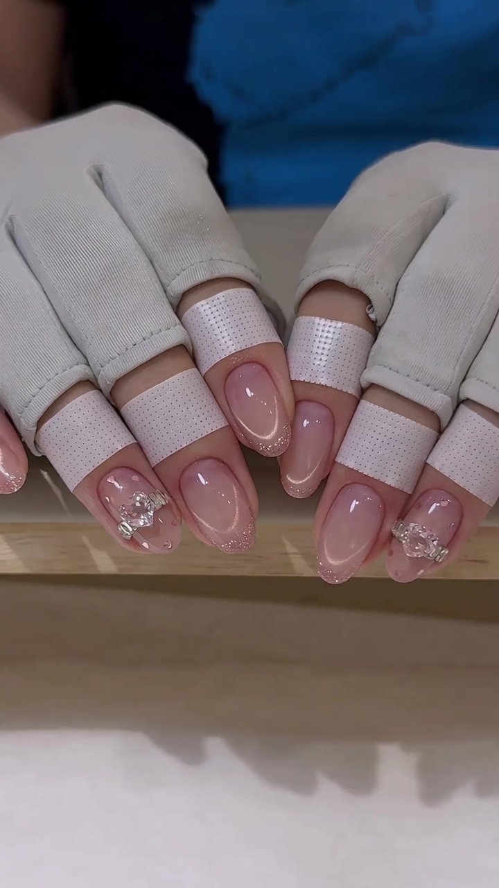 Pink French Tip Cat Eye Nails with Heart Charms — Tutorial