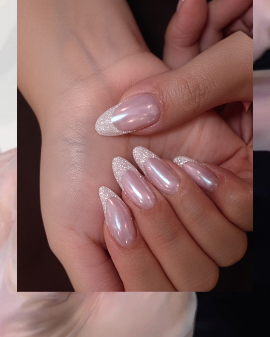 Close-up of a French tip sticker being positioned on a pre-cured nail to create the French tip guide.