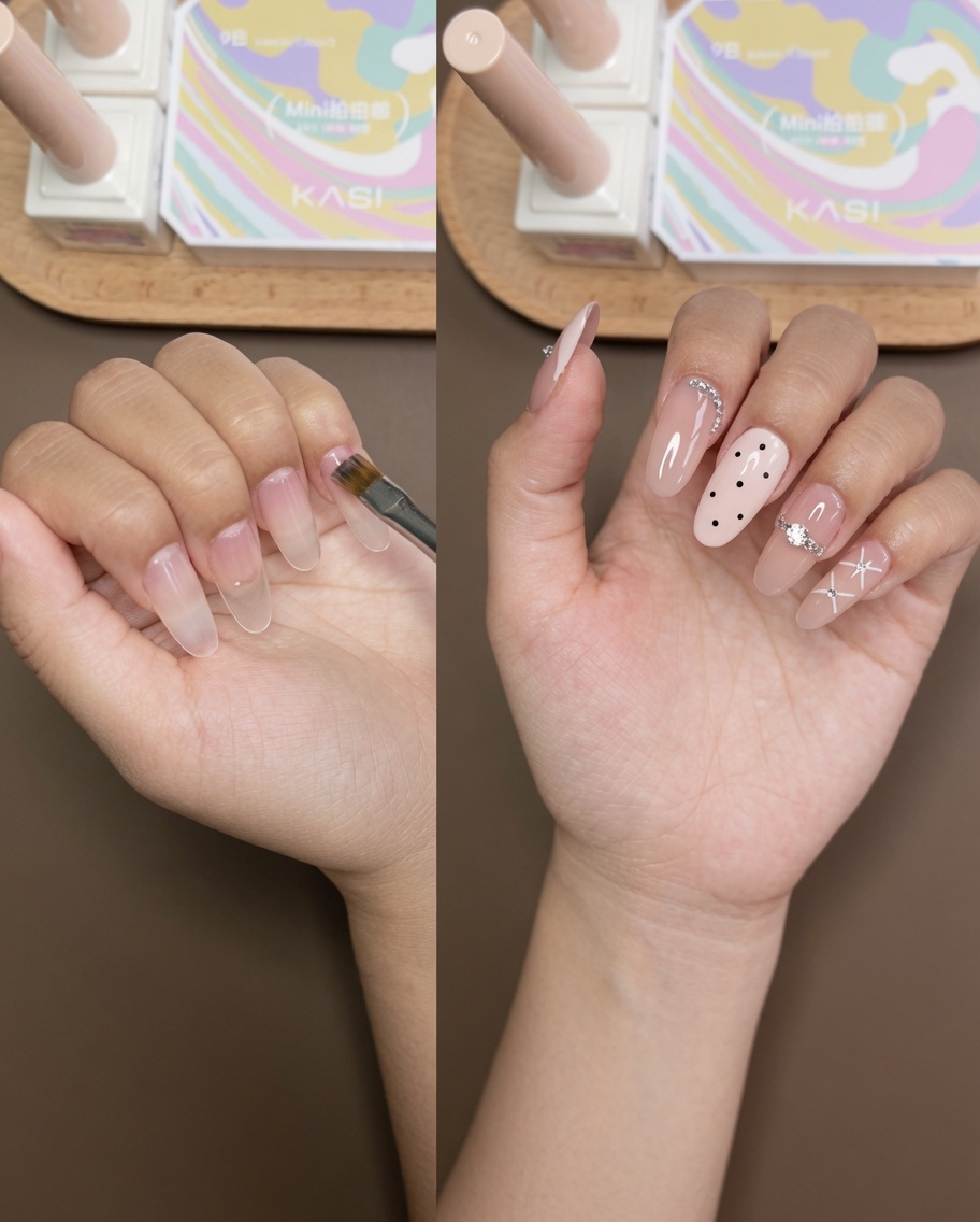 A dotting tool creating small, evenly spaced black spots on a light pink nail.