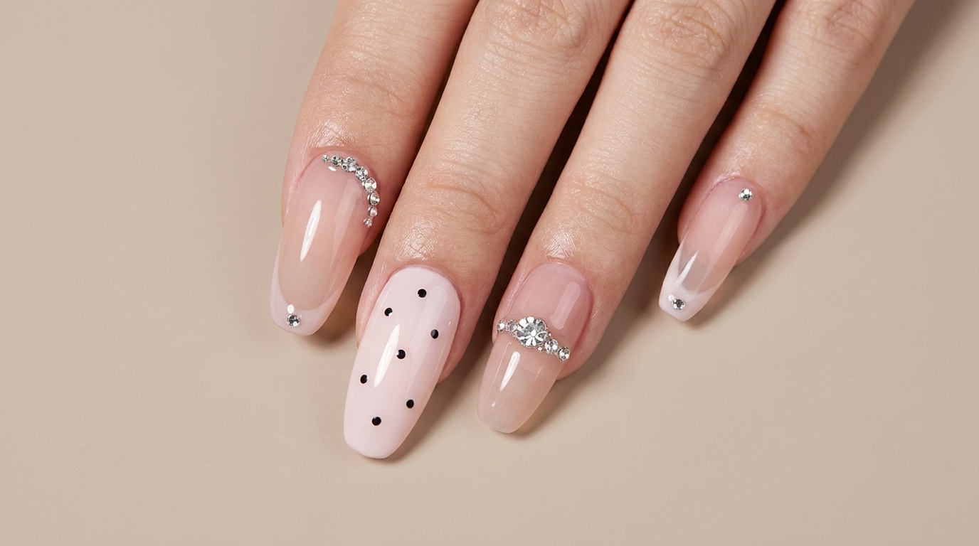Pink Nude Gel Manicure with Rhinestone Embellishments — Step-by-Step Tutorial