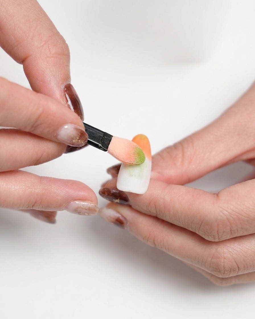 A hand using a small sponge applicator to dab orange color onto the tip of a white matte fingernail blending it into an ombre effect.